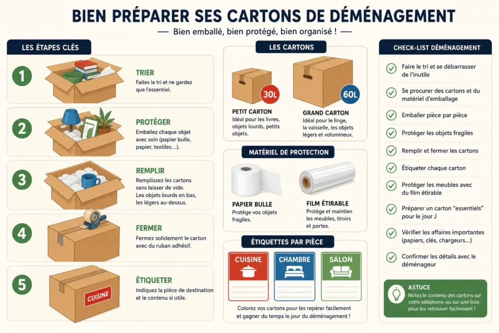 Bien préparer ses cartons de déménagement: étapes clés et matériel indispensable pour un déménagement, avec tri, protection, remplissage et étiquetage des cartons.
