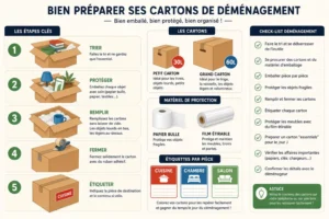 Bien préparer ses cartons de déménagement: étapes clés et matériel indispensable pour un déménagement, avec tri, protection, remplissage et étiquetage des cartons.