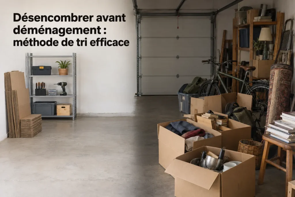 Désencombrer avant déménagement: méthode de tri efficace montrant des cartons et objets rangés dans un garage prêt au tri.