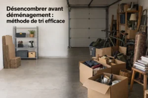 Désencombrer avant déménagement: méthode de tri efficace montrant des cartons et objets rangés dans un garage prêt au tri.