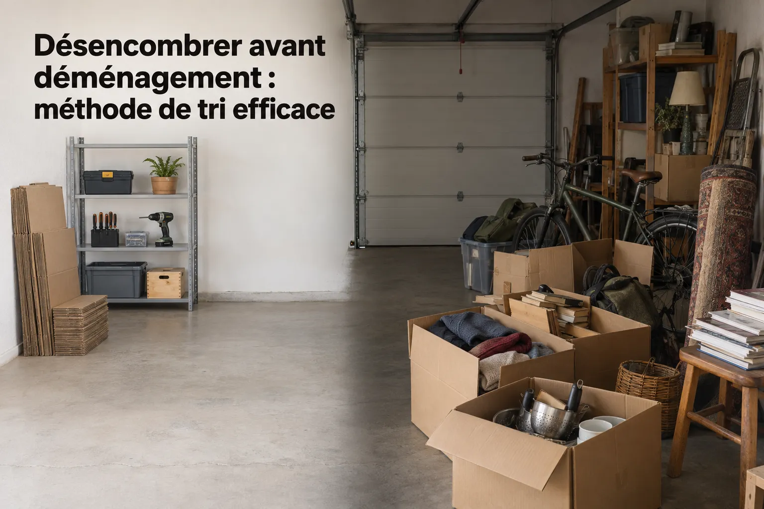 Désencombrer avant déménagement: méthode de tri efficace montrant des cartons et objets rangés dans un garage prêt au tri.