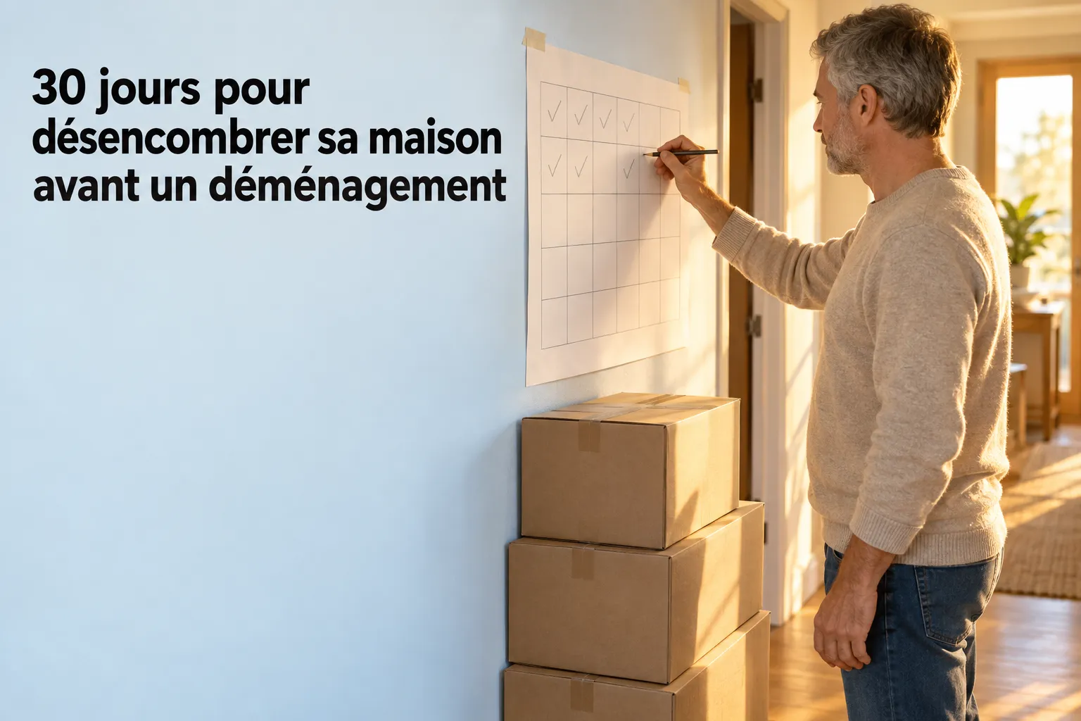 Un homme écrit sur un calendrier mural fixé sur un mur bleu, près de piles de cartons dans une entrée.