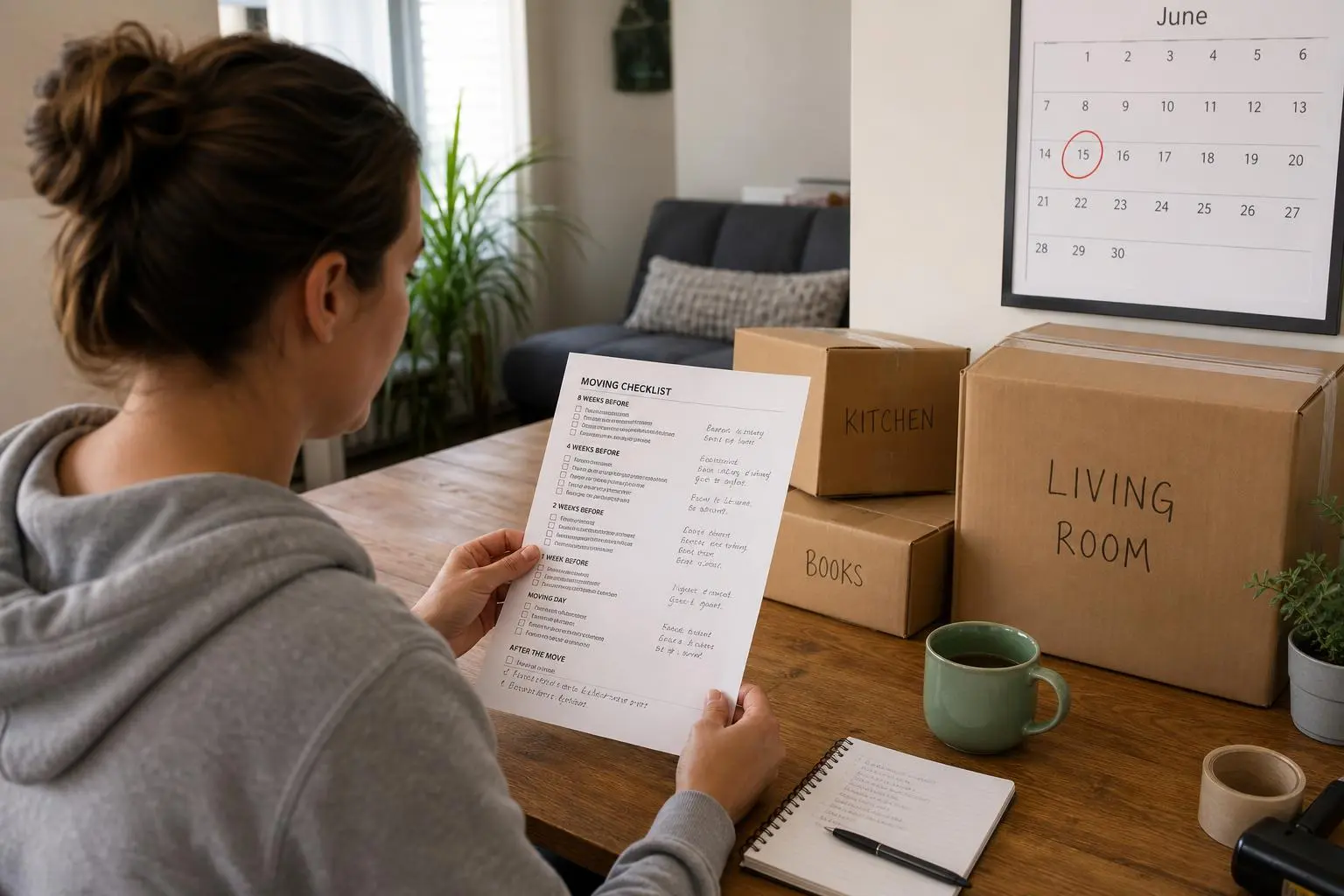 Personne assise à une table, examinant une liste de tri pour le désencombrer avant déménagement, entourée de boîtes étiquetées « Living Room » et « Books ». Une échéance et un calendrier rappellent la méthode de tri.